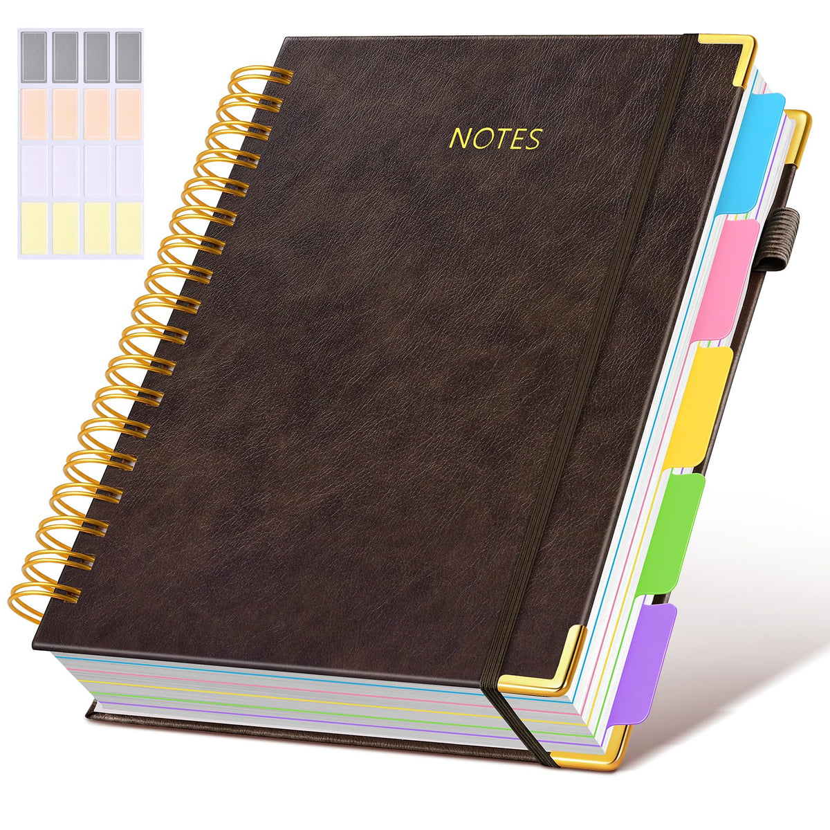 Hardcover Spiral Notebook journal with Removable Dividers Tabs, 300 Pages Leather 5 Subject Notebook College Ruled, 8"x10" Large B5 Notebooks for Work School Note taking, Lined Journal for Women,Black