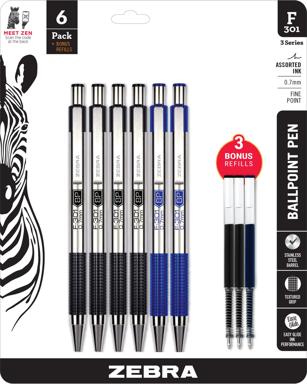 Zebra Pen STEEL F-301 Retractable Ballpoint Pen, Black Ink, 0.7mm, 12-Pack