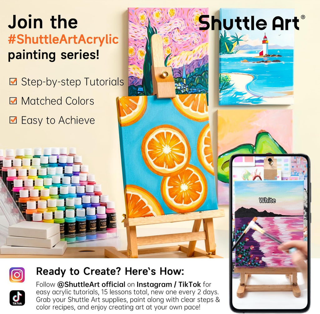 Shuttle Art Acrylic Paint, 36 Colors Acrylic Paint Set with Brushes & Palette, 2oz/60ml Bottles, Rich Pigments Non-toxic for Artists Kids & Adults, Painting on Canvas Rocks Ceramic Wood