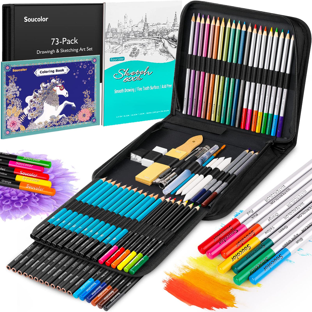Soucolor 73Pcs Art Supplies Drawing Kit Sketch Pencils Set Adults Gift