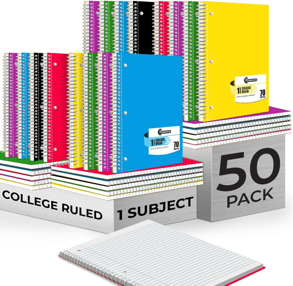 Rosmonde 50 Pack 1 Subject Spiral Notebook College Ruled Bulk, 70 Sheets