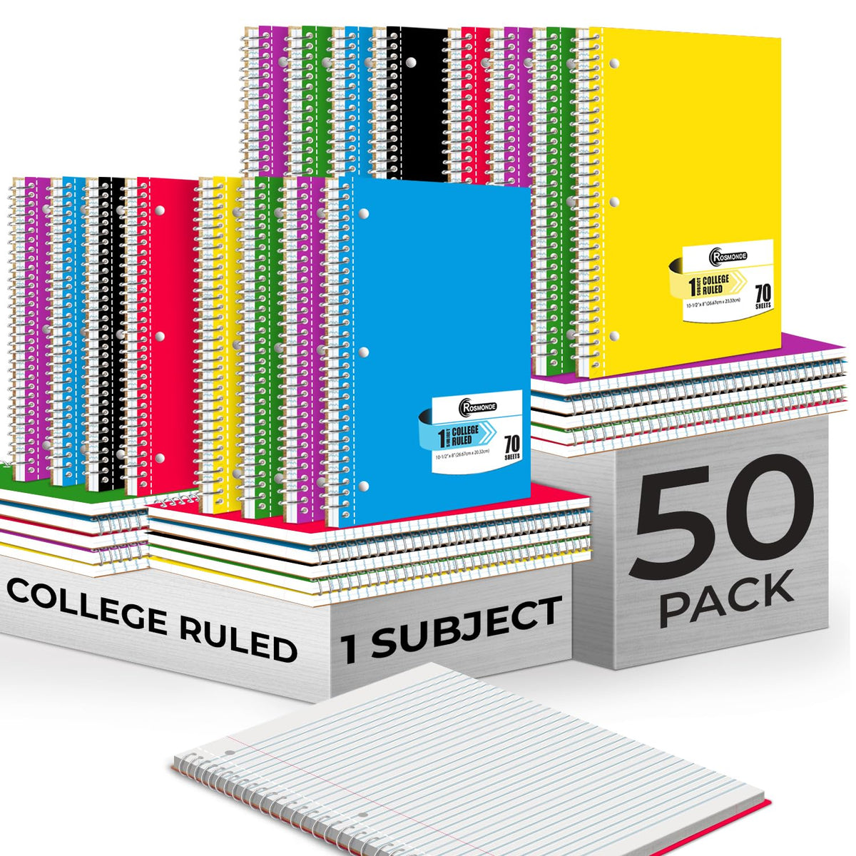 Rosmonde 50 Pack 1 Subject Spiral Notebook College Ruled Bulk, 70 Sheets