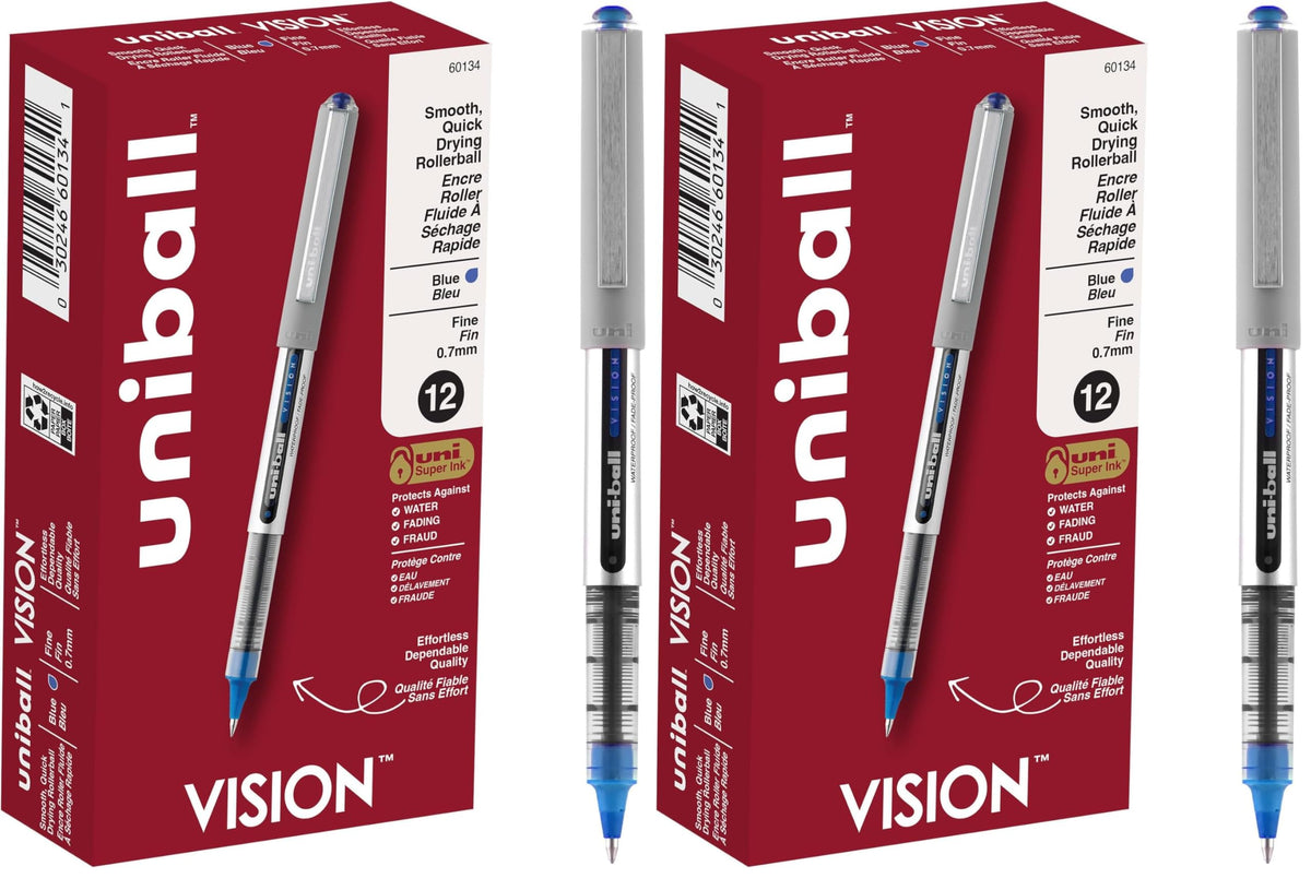 uni-ball Vision Stick Roller Ball Pens, Fine Point, Black Ink, Pack of 4