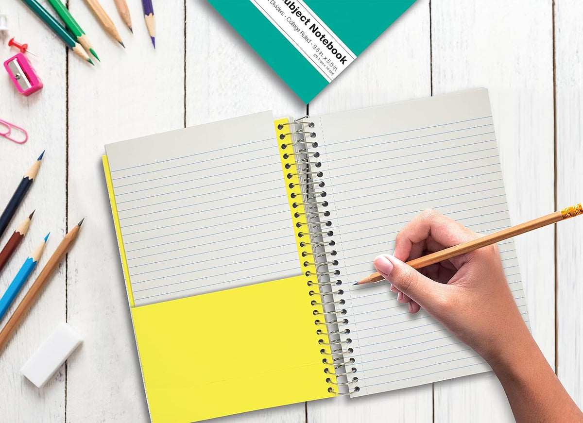 Better Office Products 3 Subject Spiral Notebooks, 9.5 x 5.5 inch, 6 Pack, 150 Sheet Notebook with 2 Double-Sided Pocket Dividers, Assorted Solid Color Covers (College Ruled)