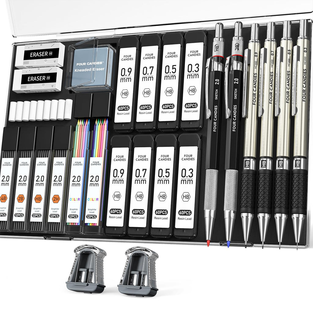 Four Candies 25PCS Mechanical Pencil Set, 0.5, 0.7, 0.9 ＆ 2mm, Storage Case