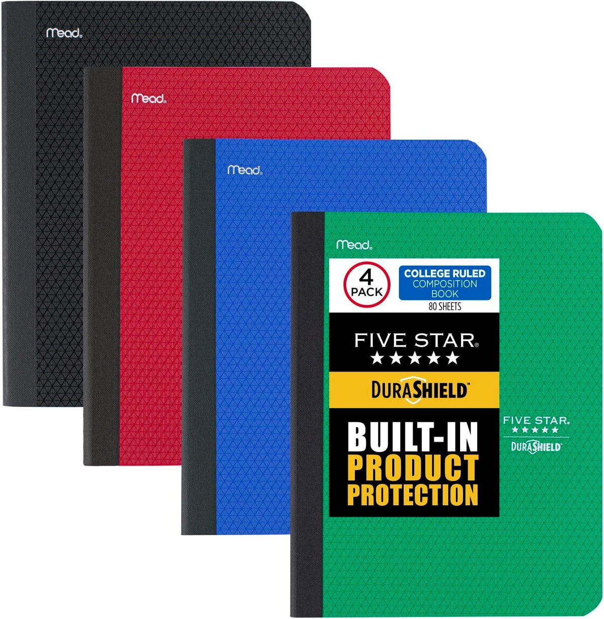Five Star Composition Books + Study App, 4 Pack, College Ruled Paper, 9-3/4" x 7-1/2", 80 Sheets, Anti-Microbial, Black, Red, Green and Blue (850070A-ECM)