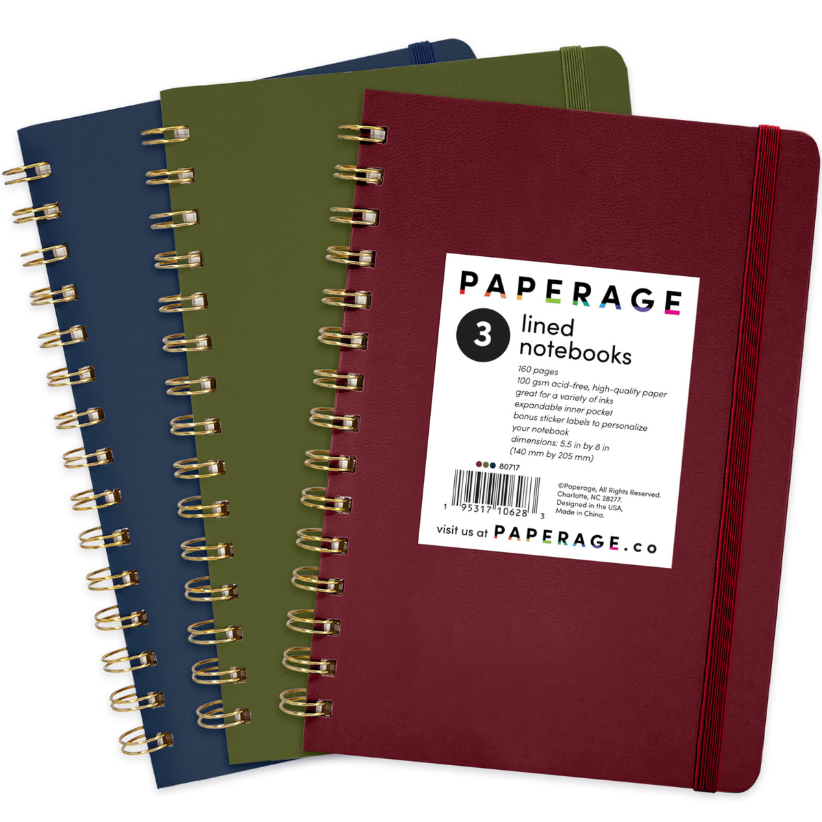 PAPERAGE Lined Spiral Journal Notebook, (Navy, Olive Green, Kraft), 3 Pack, 160 Pages, Medium 5.5 inches x 8 inches - 100 GSM Thick Paper, Hardcover, Double-Wire Spiral Journal & Notebook