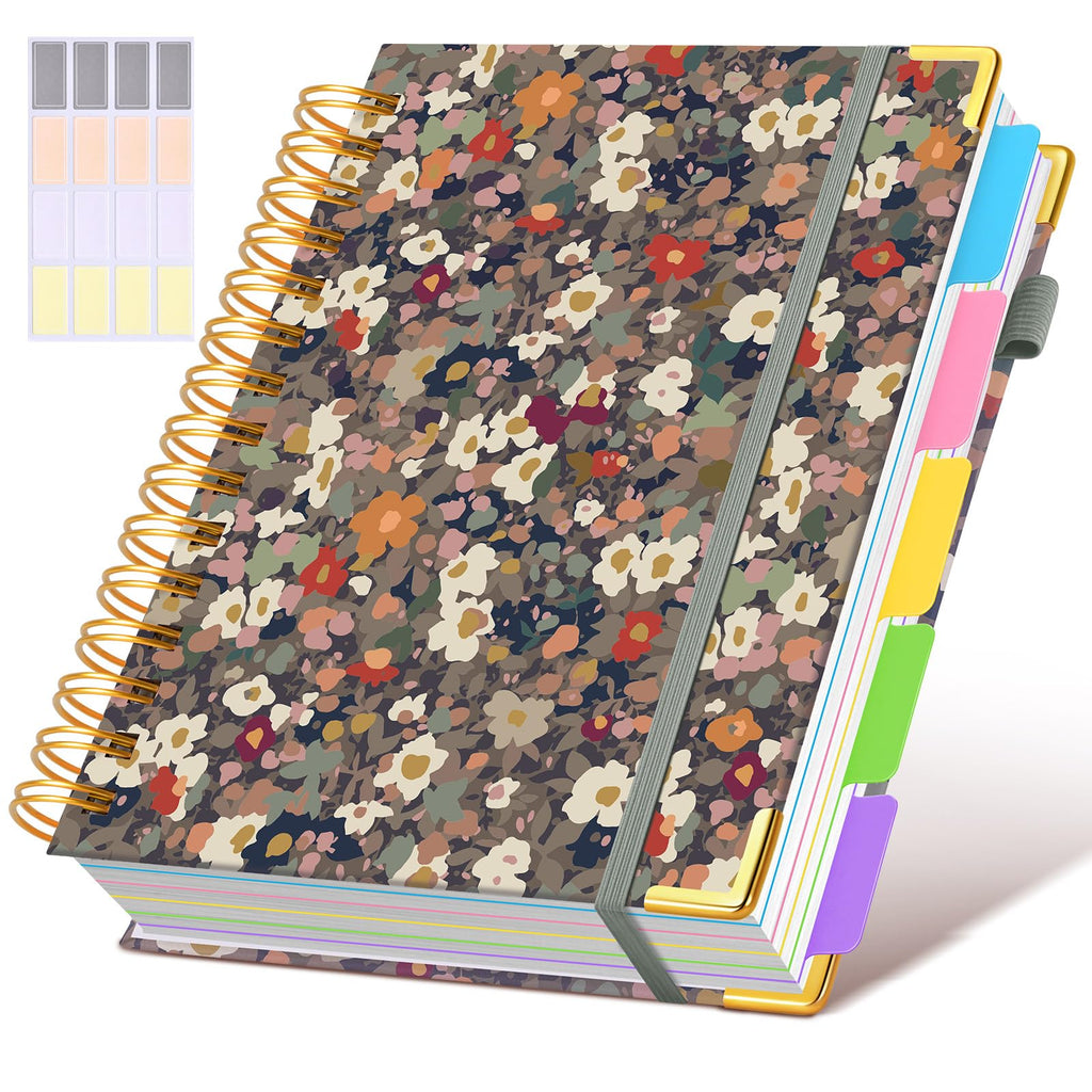 Hardcover Spiral Notebook journal with Removable Dividers Tabs, 300 Pages Leather 5 Subject Notebook College Ruled, 8"x10" Large B5 Notebooks for Work School Note taking, Lined Journal for Women,Black
