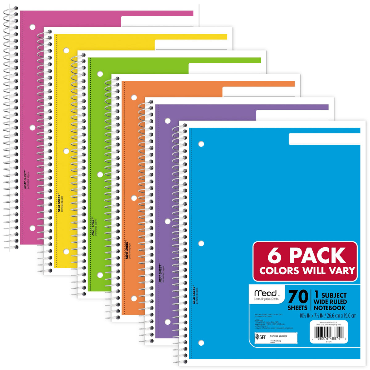 Mead Spiral Notebook, 6 Pack, 1 Subject, College Ruled Paper, 7-1/2" x 10-1/2", 70 Sheets per Notebook, Assorted Pastel Colors (830049)