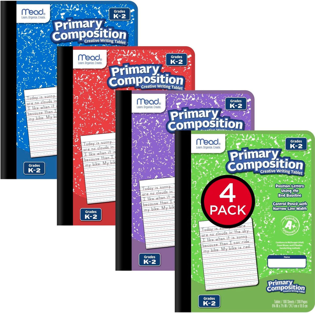 Mead Primary Composition Book, 4 Pack, Primary Ruled Journal, Grades K-2, 7-1/2" x 9-3/4", 100 Sheets per Comp Book, Assorted Colors (610053-ECM)