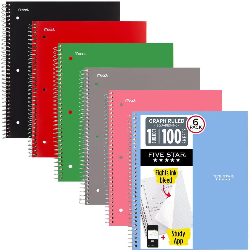 Five Star Spiral Notebook + Study App, 1 Subject, Graph Ruled Paper, 8.5" x 11", 100 Sheets, Assorted Colors, 6 Pack (73549)