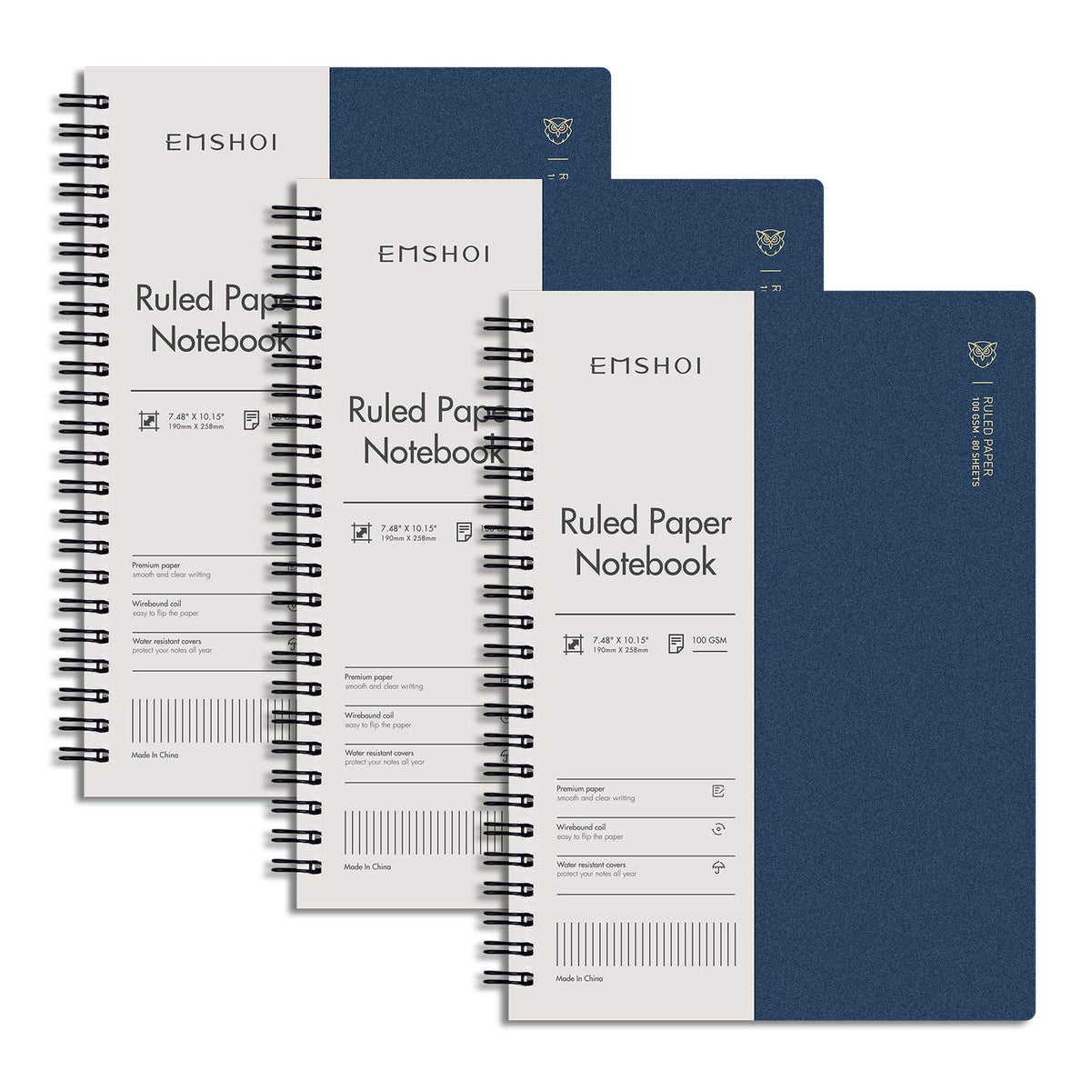 EMSHOI Lined Spiral Journal Notebook, 3 Pack, 480 Pages, B5 (7.4" x 10")