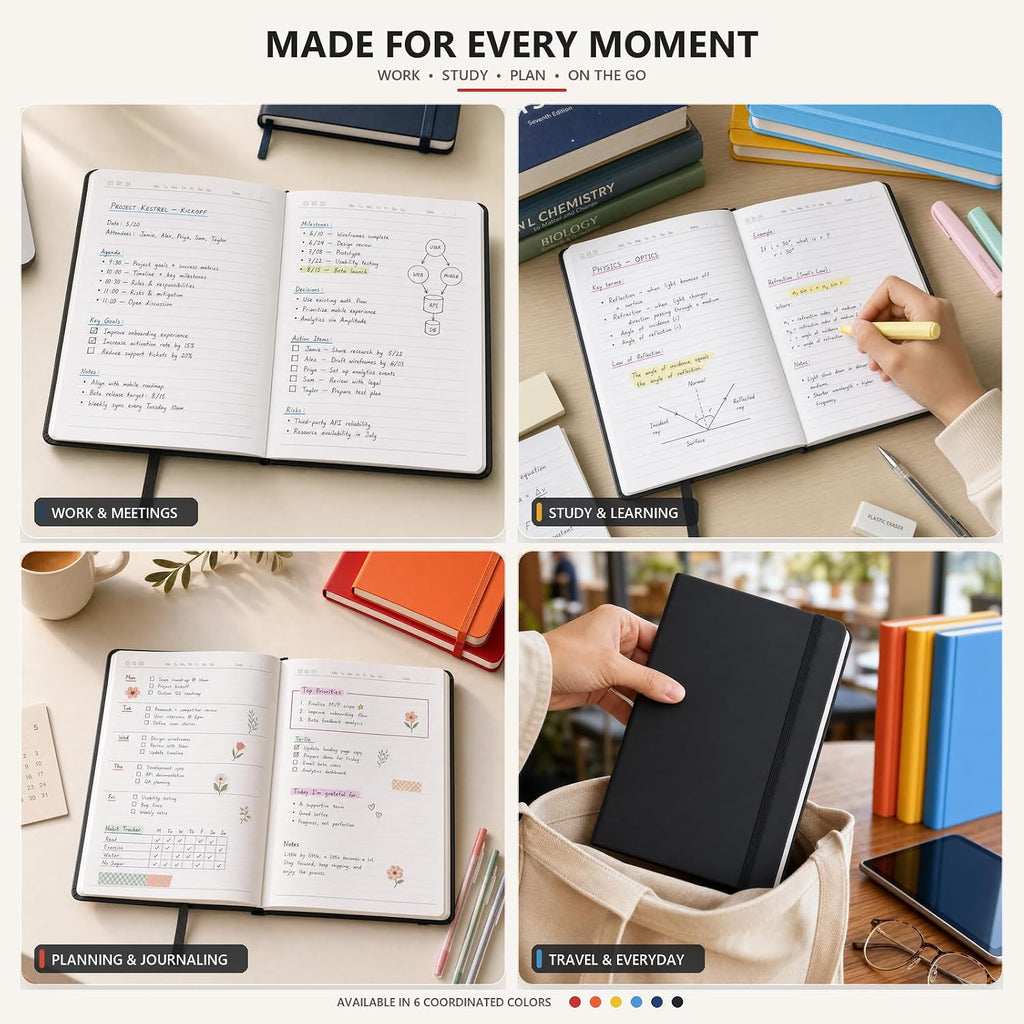 SUIN A5 Hardcover Lined Notebooks, Assorted Colors, 6 Pack, 200 Pages Each