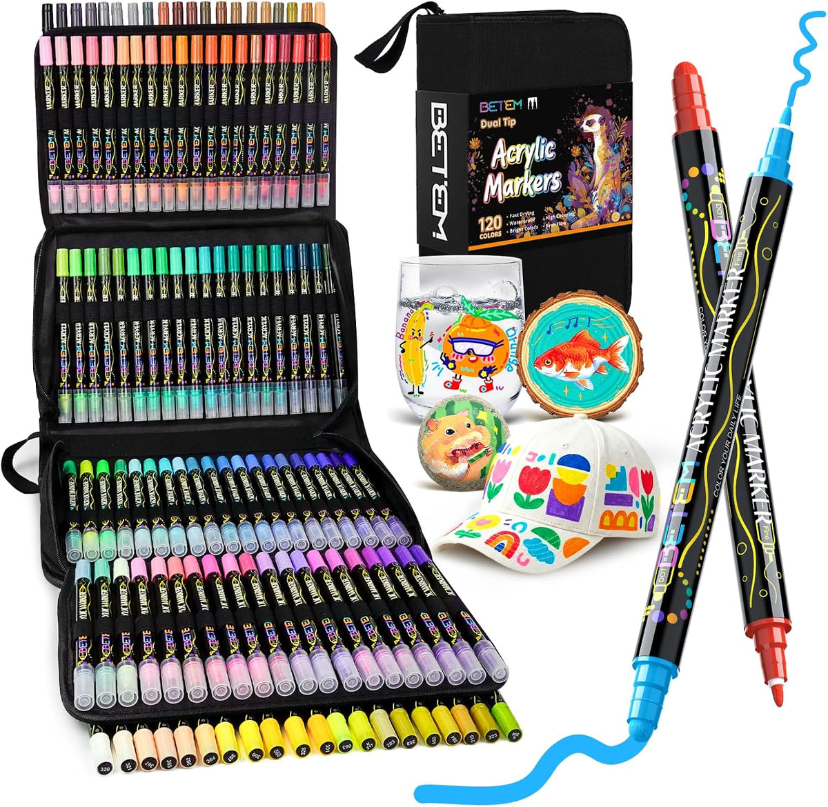 Betem 120 Colors Dual Tip Acrylic Paint Markers, Fabric Decorating Kits