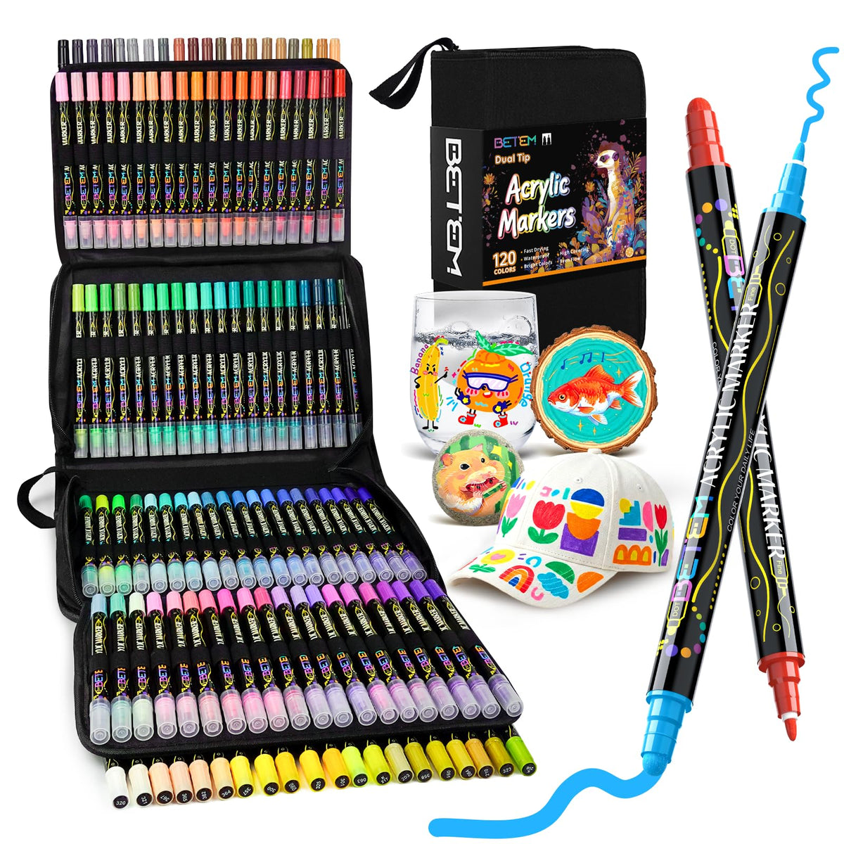 Betem 24 Colors Dual Tip Acrylic Paint Markers, Fabric Decorating Kits