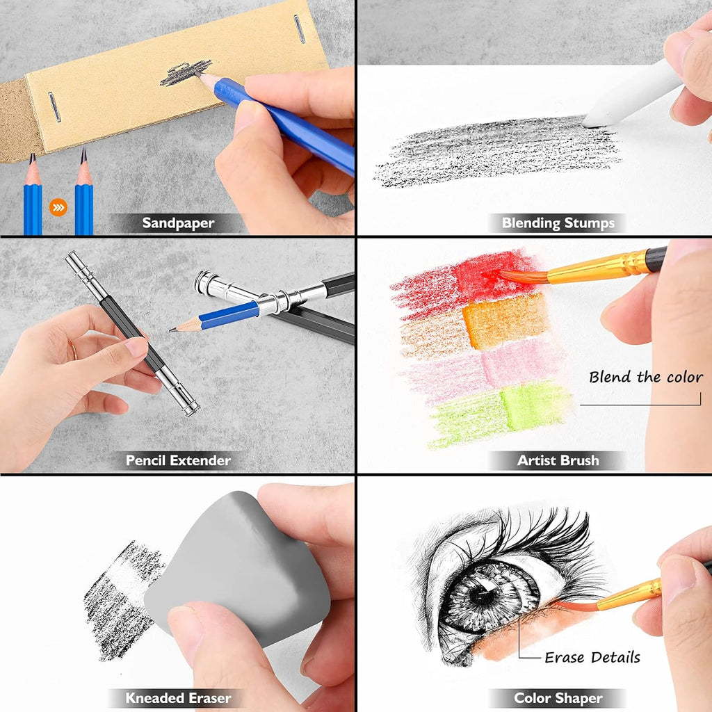 Caliart 176PCS Art Supplies Sketching Kit, 100 Sheets 3-Color Sketch Book