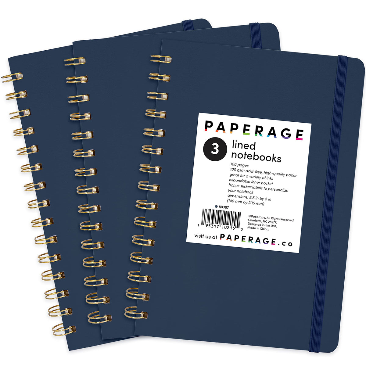 PAPERAGE Lined Spiral Journal Notebook, (Navy, Olive Green, Kraft), 3 Pack, 160 Pages, Medium 5.5 inches x 8 inches - 100 GSM Thick Paper, Hardcover, Double-Wire Spiral Journal & Notebook