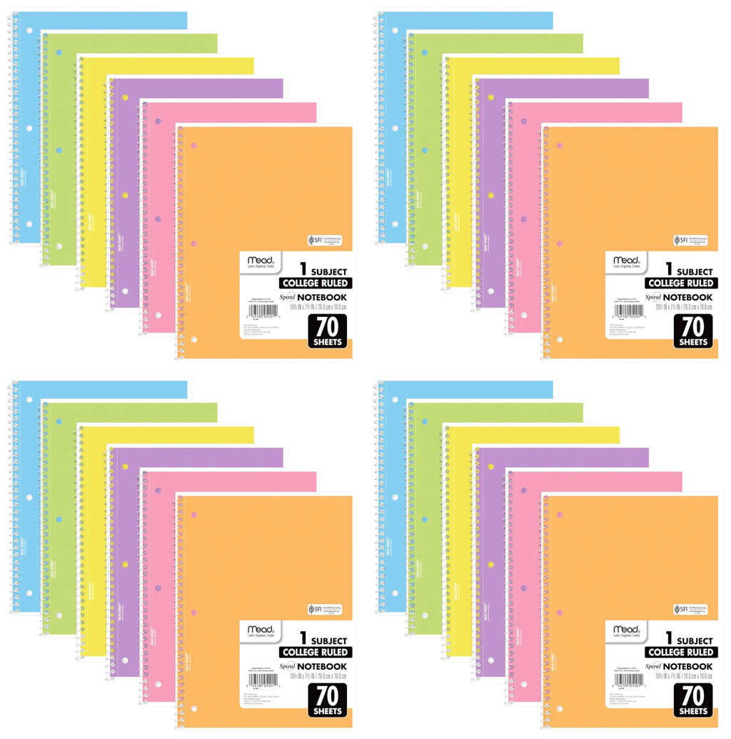 Mead Spiral Notebook, 6 Pack, 1 Subject, College Ruled Paper, 7-1/2" x 10-1/2", 70 Sheets per Notebook, Assorted Pastel Colors (830049)