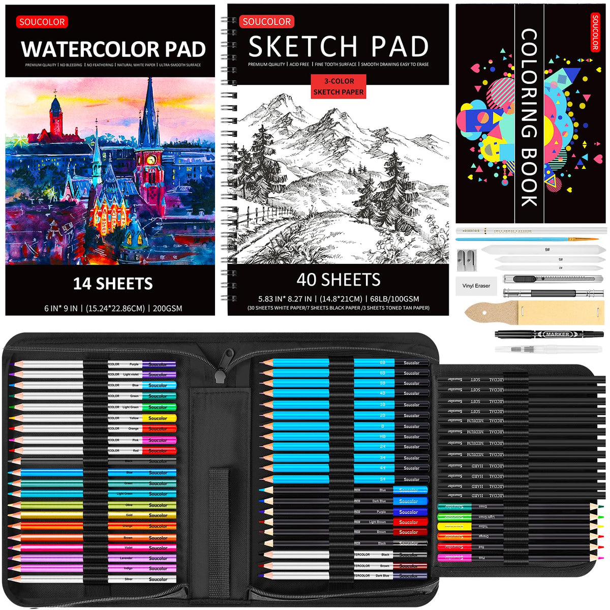 Soucolor 73Pcs Art Supplies Drawing Kit Sketch Pencils Set Adults Gift