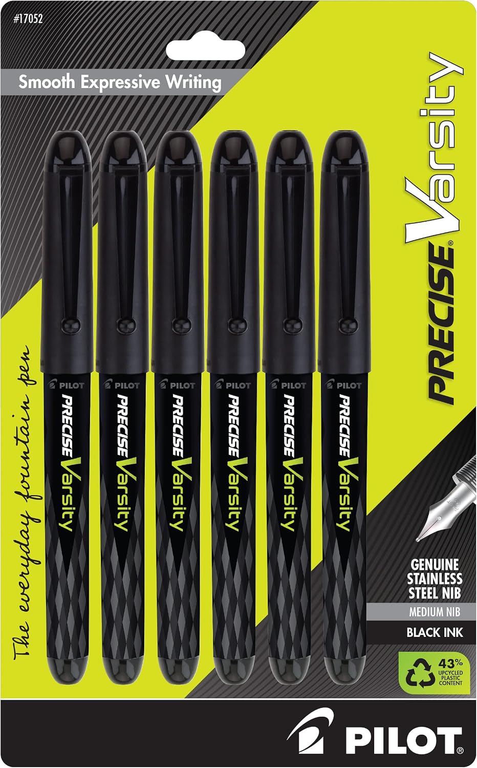Pilot, Precise Varsity Pre-Filled Fountain Pens, Medium Point 1 mm Stainless Steel Nib, Black/Blue, 6-Pack