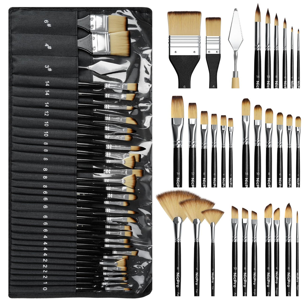 Nicpro 30pcs Paint Brush Set for Acrylic Painting, Oil, Watercolor, Gouache