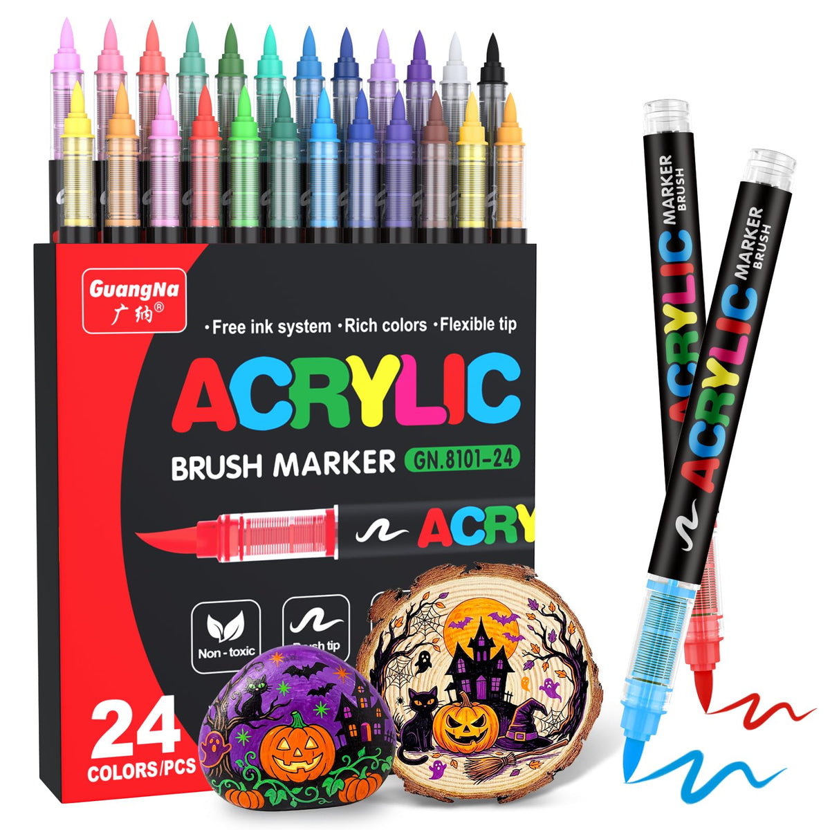 Guangna Acrylic Paint Markers Brush Tip, 72 Vivid Colors with Direct-Liquid Ink Control System, Professional-Grade Paint Pen for Rock Painting, Canvas, Glass, Plastic, Fabric & Creative Crafts