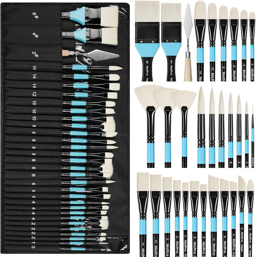 Nicpro 30pcs Paint Brush Set for Acrylic Painting, Oil, Watercolor, Gouache