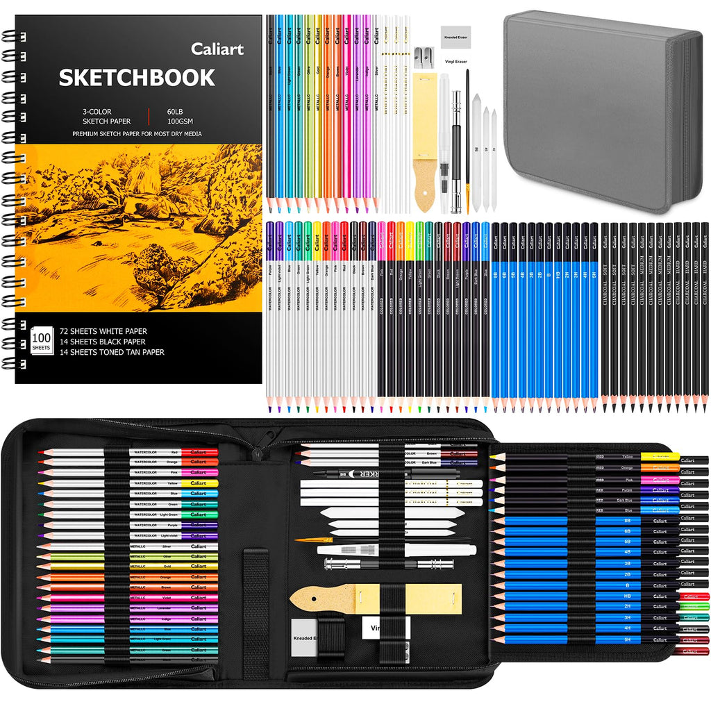 Caliart 176PCS Art Supplies Sketching Kit, 100 Sheets 3-Color Sketch Book
