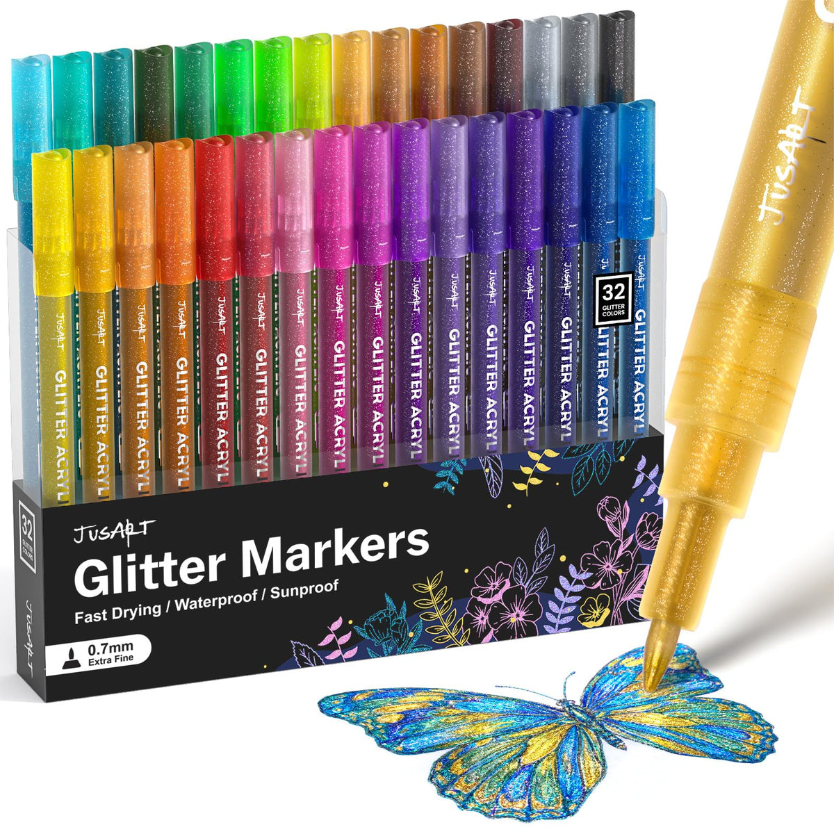JusArt 16 Colors Glitter Markers, Glitter Pens, 0.7mm Acrylic Paint Markers