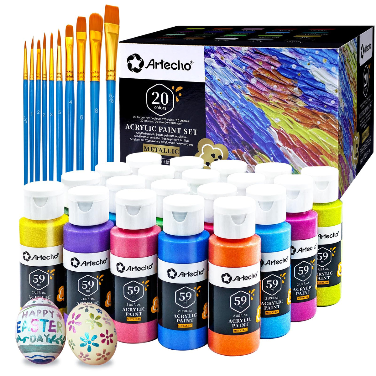 Artecho Acrylic Paint Set 48 Colors 2oz/59ml with 12 Brushes, Art Supplies