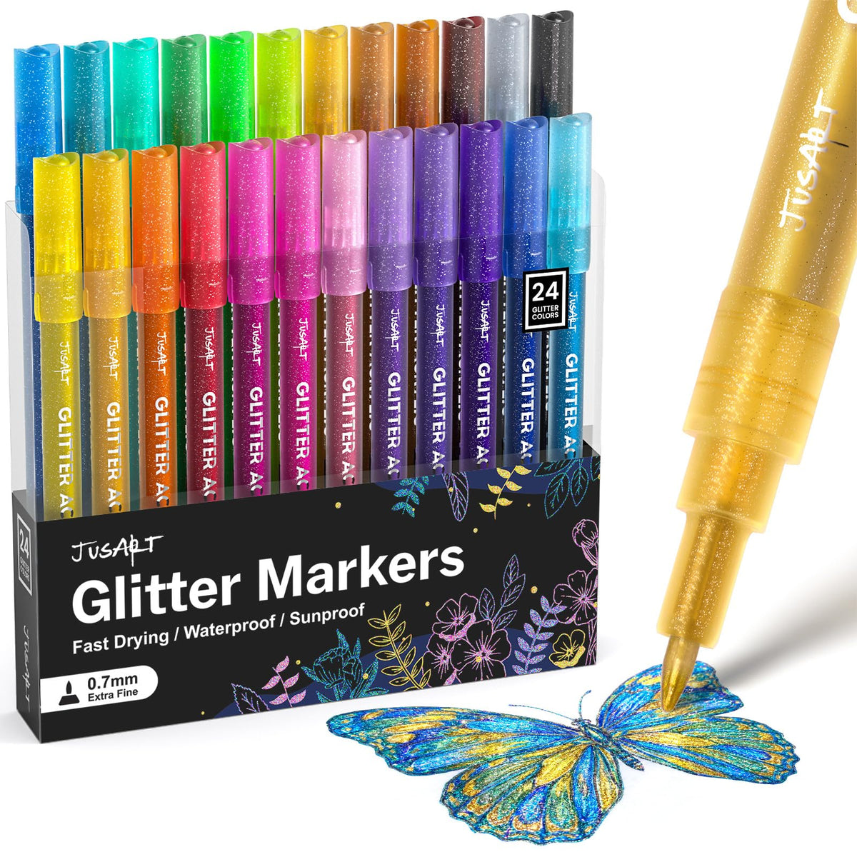 JusArt 16 Colors Glitter Markers, Glitter Pens, 0.7mm Acrylic Paint Markers
