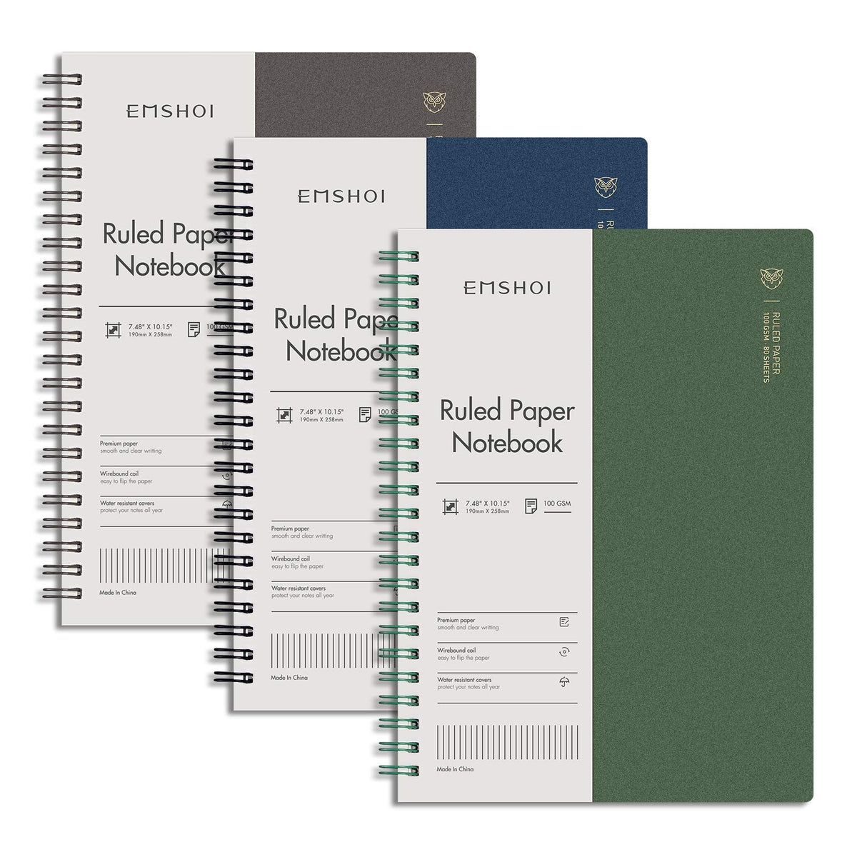 EMSHOI Lined Spiral Journal Notebook, 3 Pack, 480 Pages, B5 (7.4" x 10")