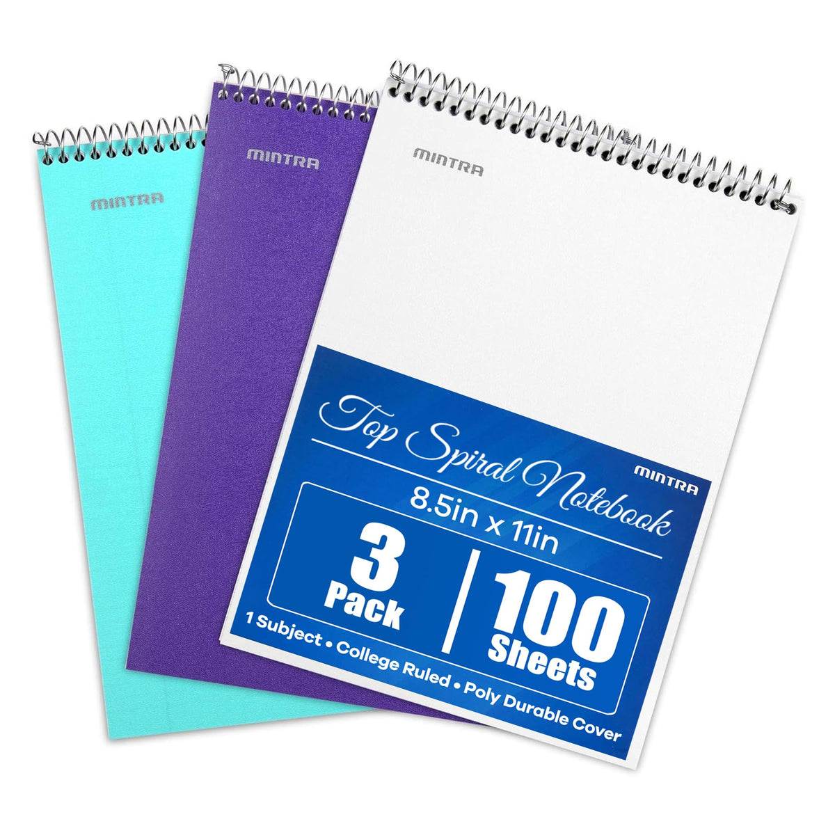 Mintra Office TOP BOUND Durable Spiral Notebooks (Lavender, Salmon, Sage Green, College Ruled 3pk)