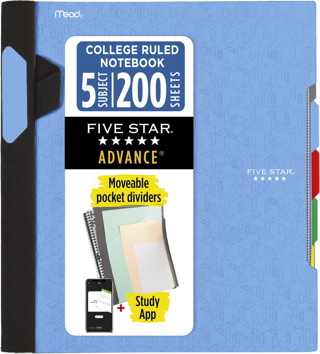 Five Star Advance Spiral Notebook + Study App, 5 Subject, College Ruled Paper, 8-1/2" x 11", 200 Sheets, Spiral Guard, Movable Tabbed Dividers, Fire Red (73146)
