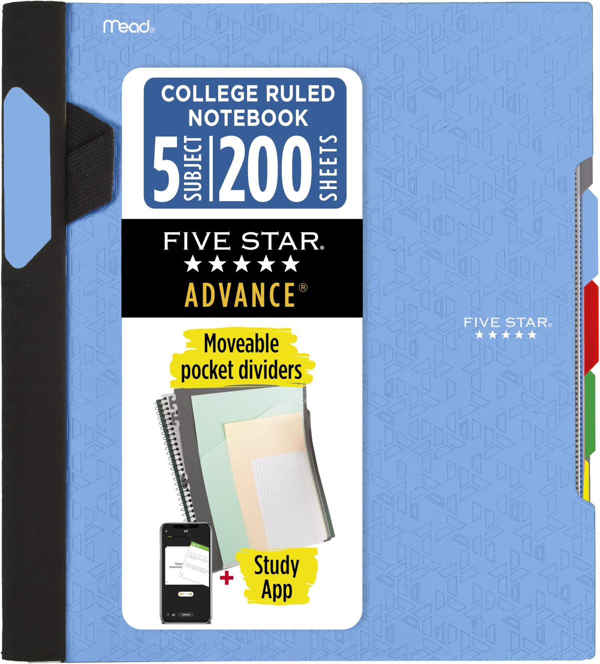 Five Star Advance Spiral Notebook + Study App, 5 Subject, College Ruled Paper, 8-1/2" x 11", 200 Sheets, Spiral Guard, Movable Tabbed Dividers, Fire Red (73146)