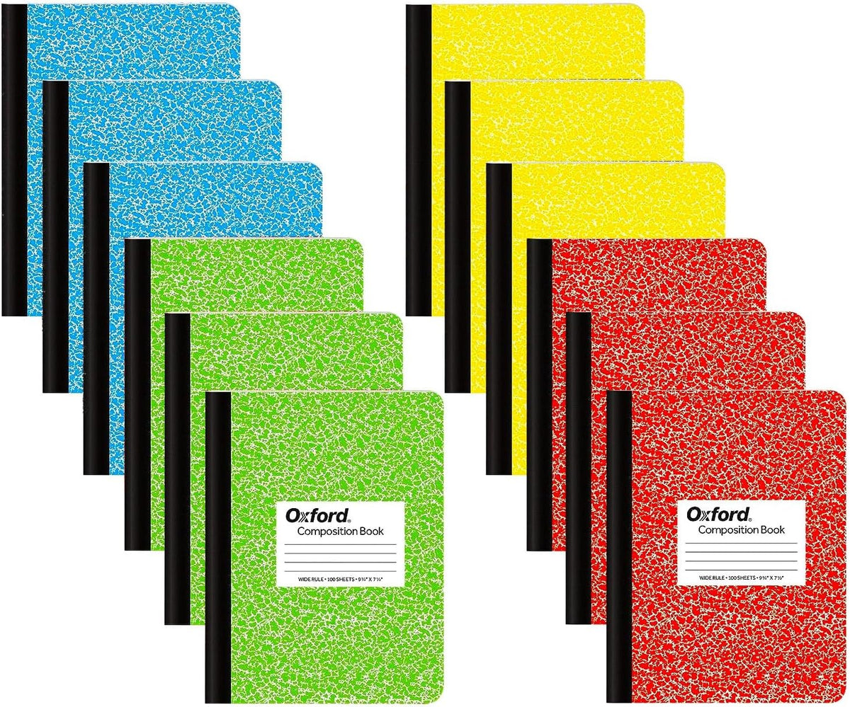 Oxford Composition Notebooks - Assorted Colored Marble Cover Wide Ruled Notebook - 9-3/4" X 7-1/2", Pack of 12 (100 sheets)