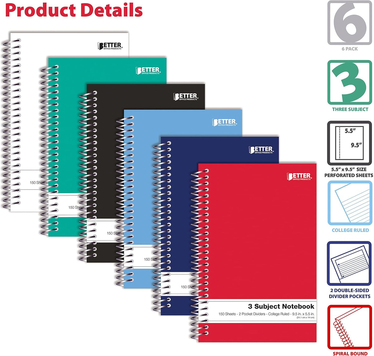 Better Office Products 3 Subject Spiral Notebooks, 9.5 x 5.5 inch, 6 Pack, 150 Sheet Notebook with 2 Double-Sided Pocket Dividers, Assorted Solid Color Covers (College Ruled)