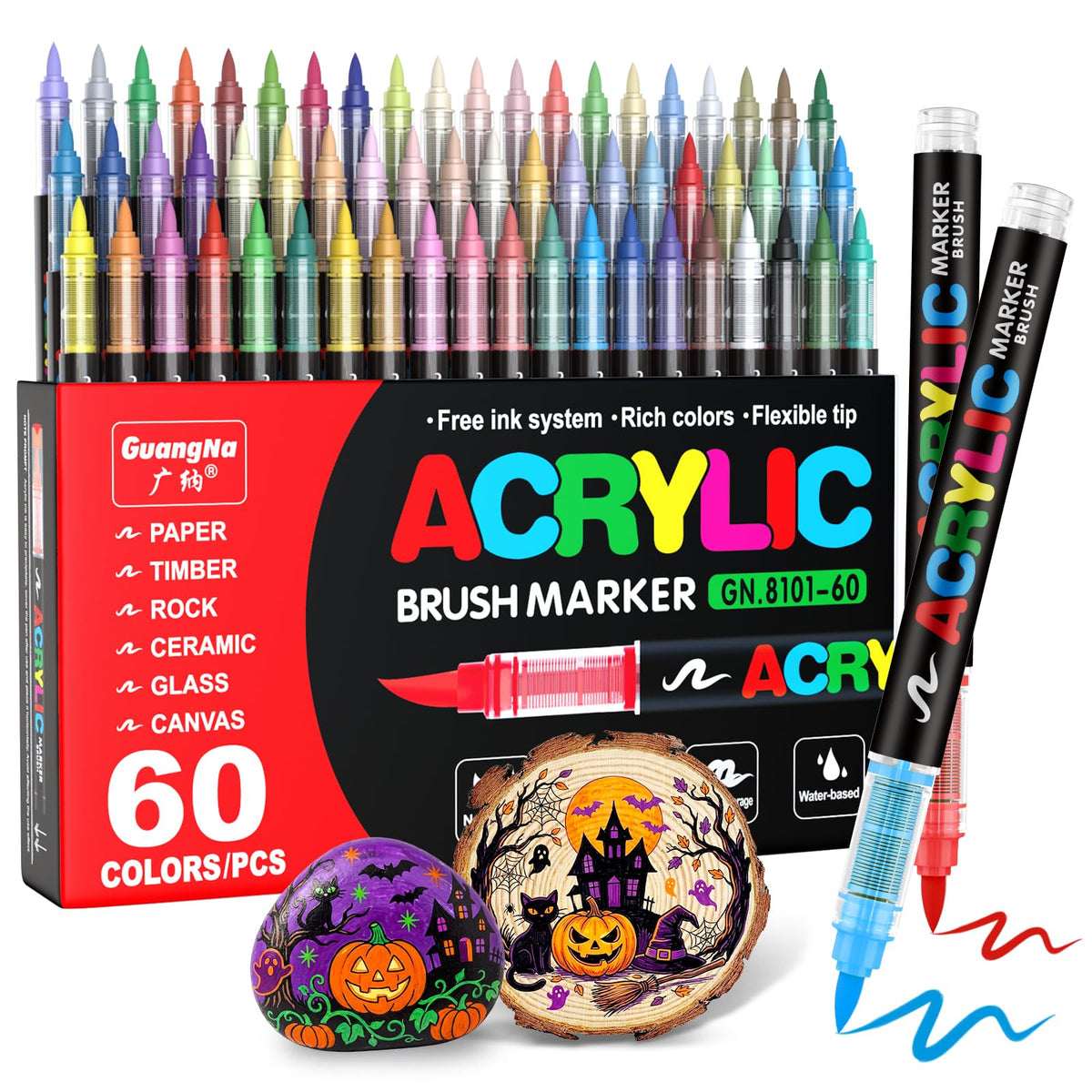 Guangna Acrylic Paint Markers Brush Tip, 72 Vivid Colors with Direct-Liquid Ink Control System, Professional-Grade Paint Pen for Rock Painting, Canvas, Glass, Plastic, Fabric & Creative Crafts