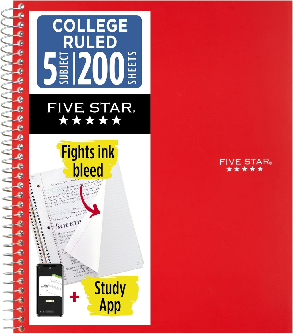 Five Star Spiral Notebook + Study App, 6 Pack, 5 Subject, College Ruled Paper, Fights Ink Bleed, Water Resistant Cover, 8-1/2" x 11", 200 Sheets, Assorted Colors (73793)