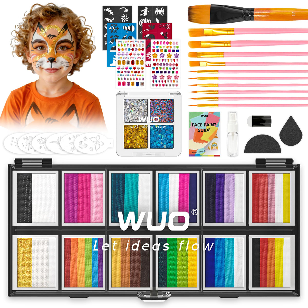 WUO Professional Face Painting Kit for Kids, 12x10g Split Cake Palette