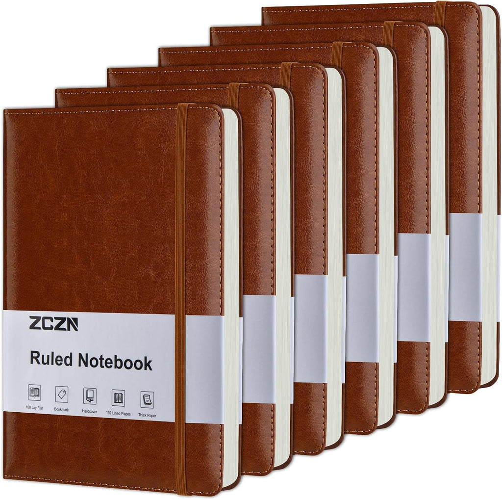ZCZN 6 Pack Lined Journal Notebooks for Work, 5.5x8.3 in, 192 Pages, Hardcover Leather A5 Journals for Writing, Diary & Travel, Ruled Journaling Notebooks for School, Office, Home (Brown*6)