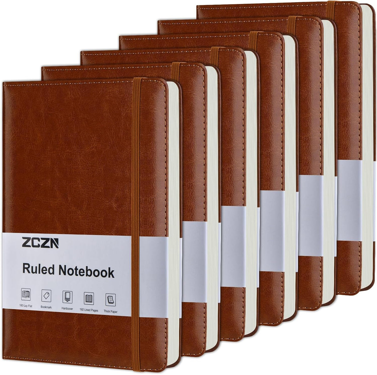 ZCZN 6 Pack Lined Journal Notebooks for Work, 5.5x8.3 in, 192 Pages, Hardcover Leather A5 Journals for Writing, Diary & Travel, Ruled Journaling Notebooks for School, Office, Home (Brown*6)