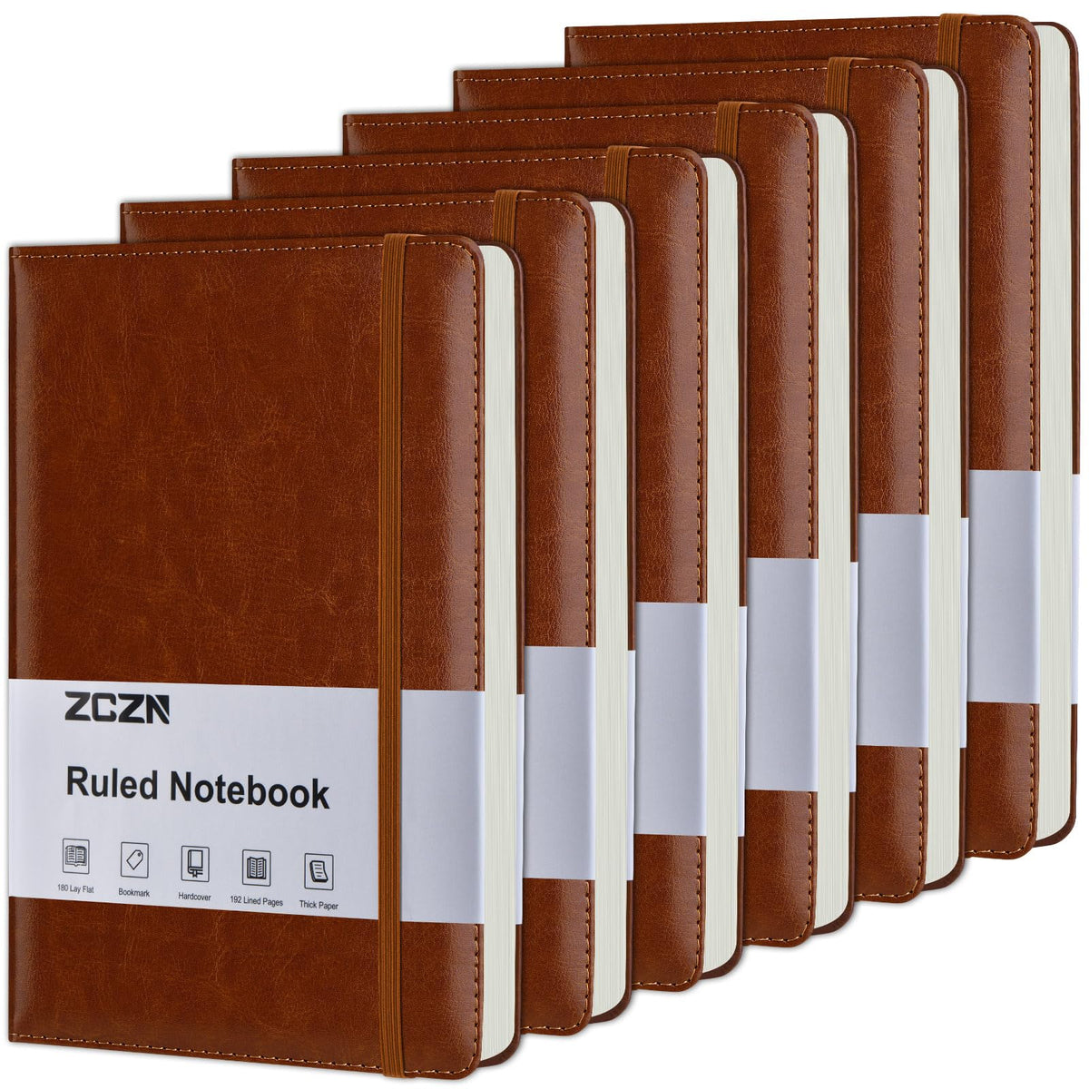 ZCZN 6 Pack Lined Journal Notebooks for Work, 5.5x8.3 in, 192 Pages, Hardcover Leather A5 Journals for Writing, Diary & Travel, Ruled Journaling Notebooks for School, Office, Home (Brown*6)