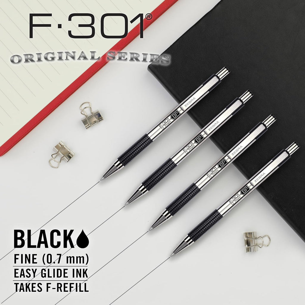 Zebra Pen STEEL F-301 Retractable Ballpoint Pen, Black Ink, 0.7mm, 4-Pack