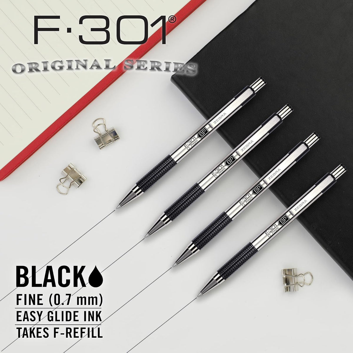 Zebra Pen STEEL F-301 Retractable Ballpoint Pen, Black Ink, 0.7mm, 4-Pack