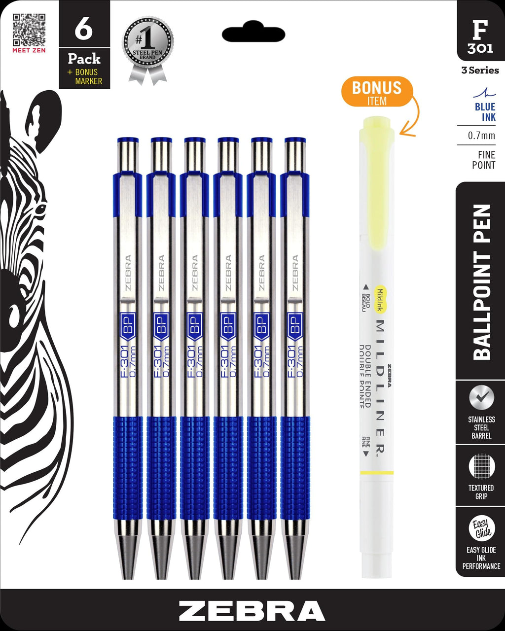 Zebra Pen STEEL F-301 Retractable Ballpoint Pen, Black Ink, 0.7mm, 12-Pack