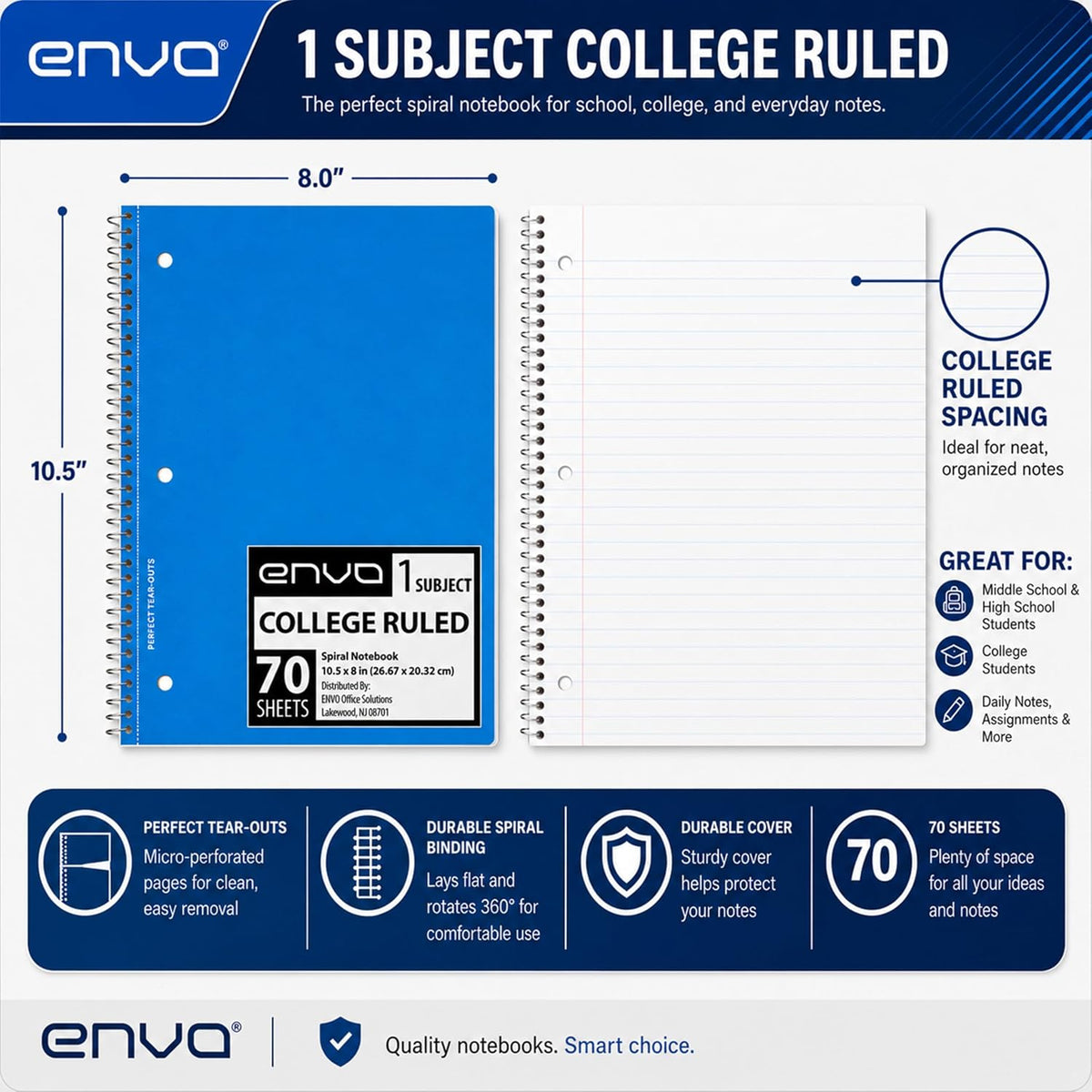 ENVO Spiral Notebook, 1 Subject, Spiral Notebook College Ruled, 8 x 10.5, Notebooks Bulk, School Supplies, Office Supplies, 70 Sheets, (48, College Ruled)