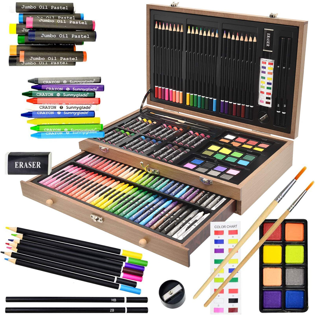 Sunnyglade 145 Piece Deluxe Art Set Wooden Art Box & Drawing Kit Cherry