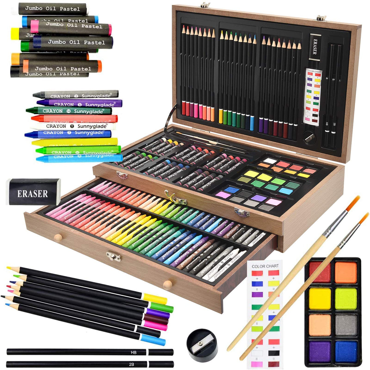 Sunnyglade 145 Piece Deluxe Art Set Wooden Art Box & Drawing Kit Cherry