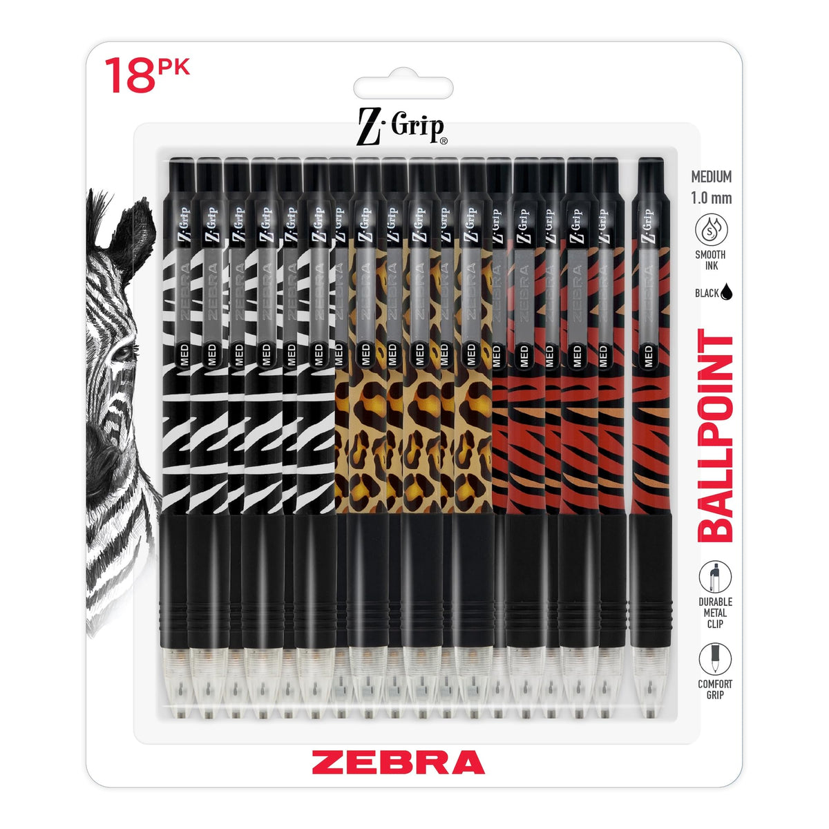 Zebra Pen Z-Grip Retractable Ballpoint Pen, Black Ink, 1.0mm, 18-Pack